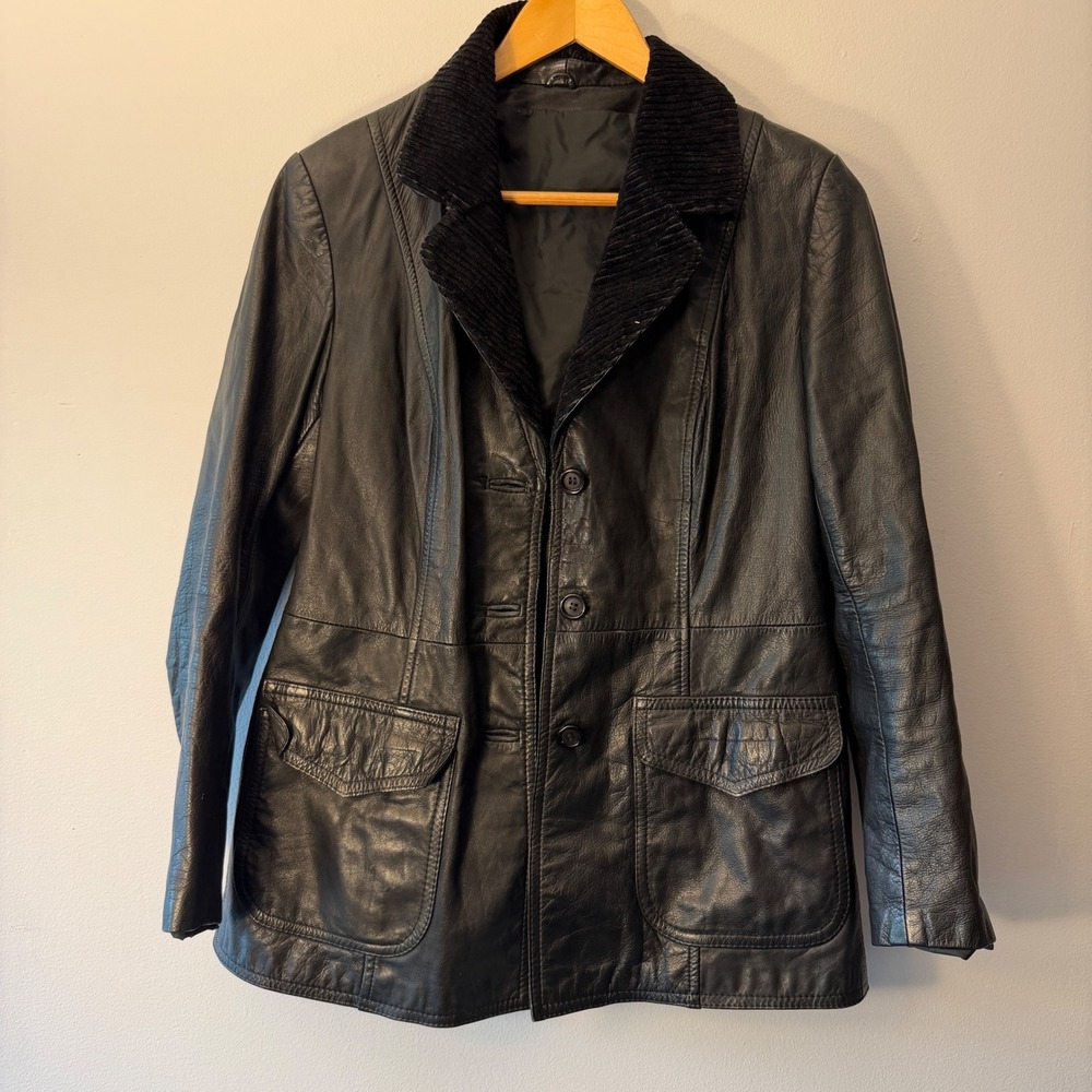 Vintage Black Genuine Leather Jacket Corduroy Collar Button Front Women Large